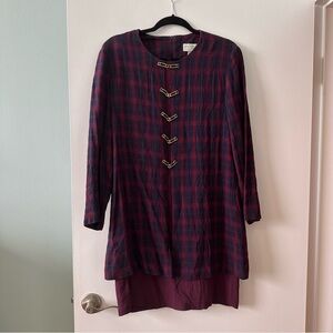 Vintage Sophisticate Plaid Blazer Layered Dress with gold chain accents